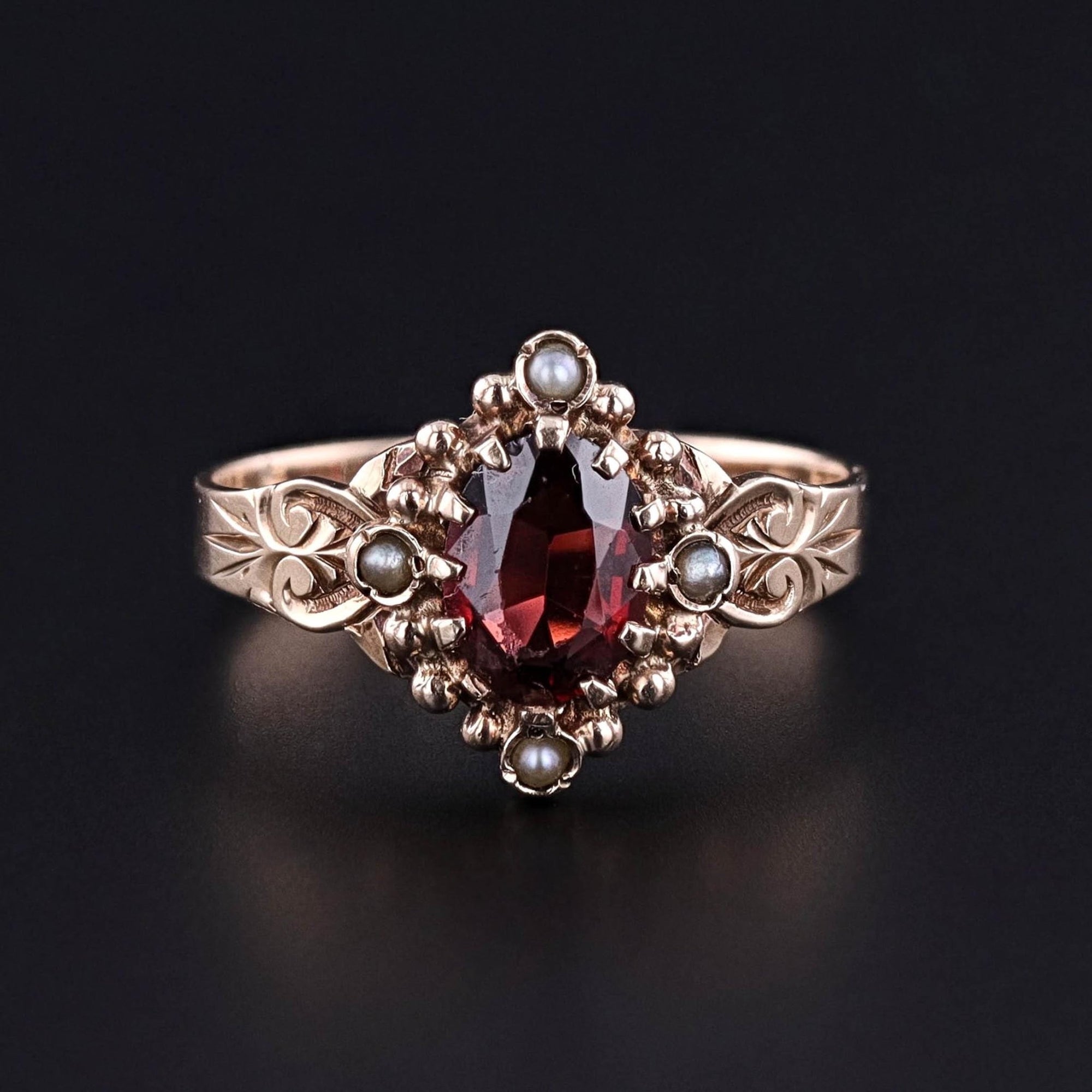 Antique Garnet and Pearl Ring of 10k Gold - Trademark Antiques
