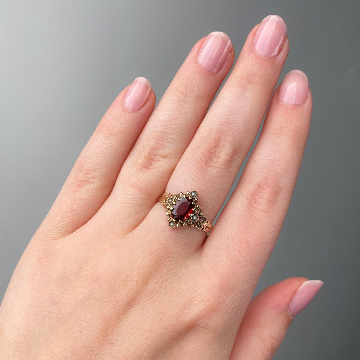 Antique Garnet and Pearl Ring of 10k Gold - Trademark Antiques