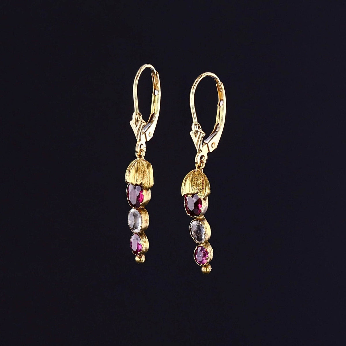 Antique Garnet and Rock Crystal Conversion Earrings of 14k Gold - Trademark Antiques