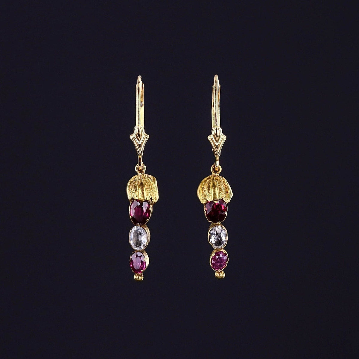 Antique Garnet and Rock Crystal Conversion Earrings of 14k Gold - Trademark Antiques