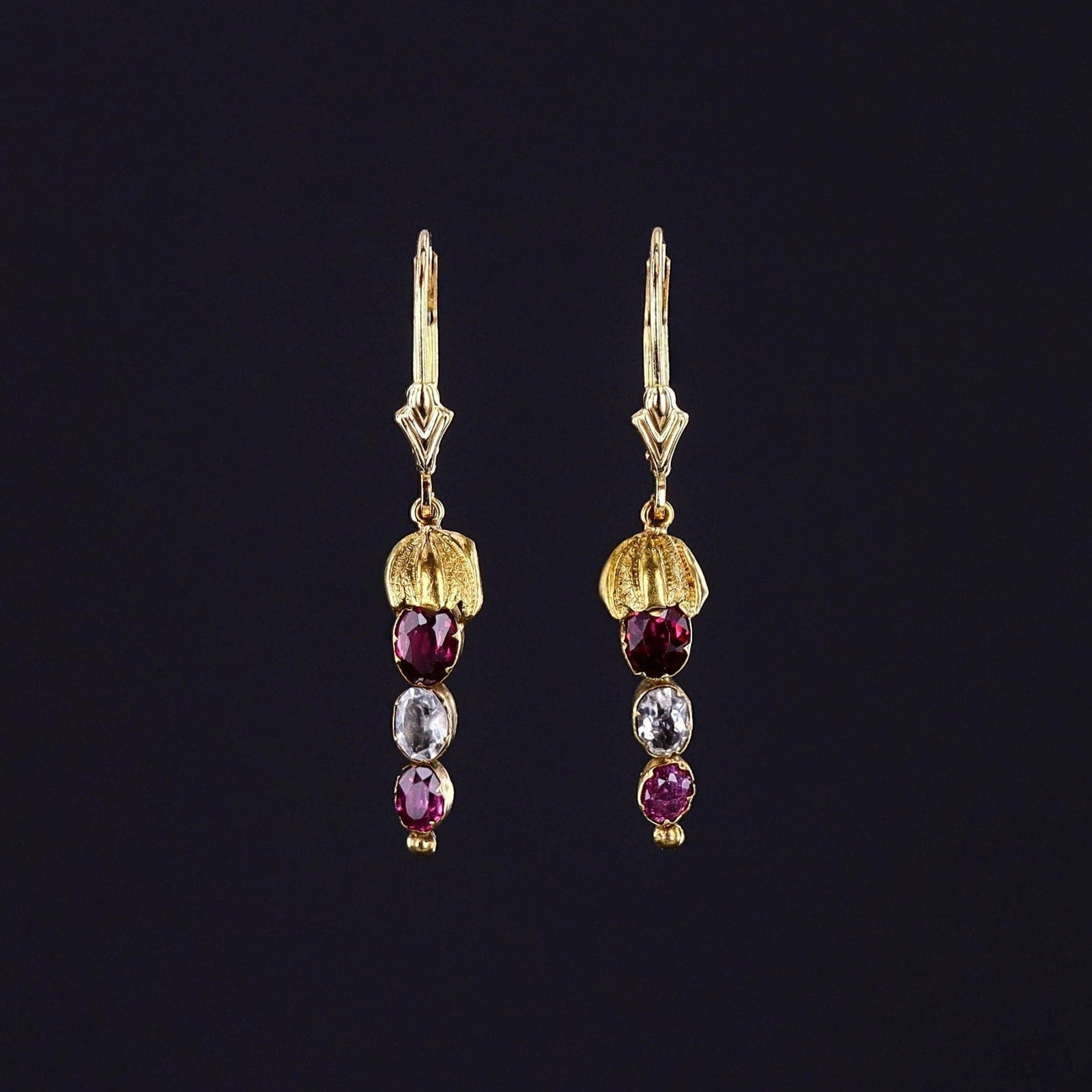 Antique Garnet and Rock Crystal Conversion Earrings of 14k Gold - Trademark Antiques