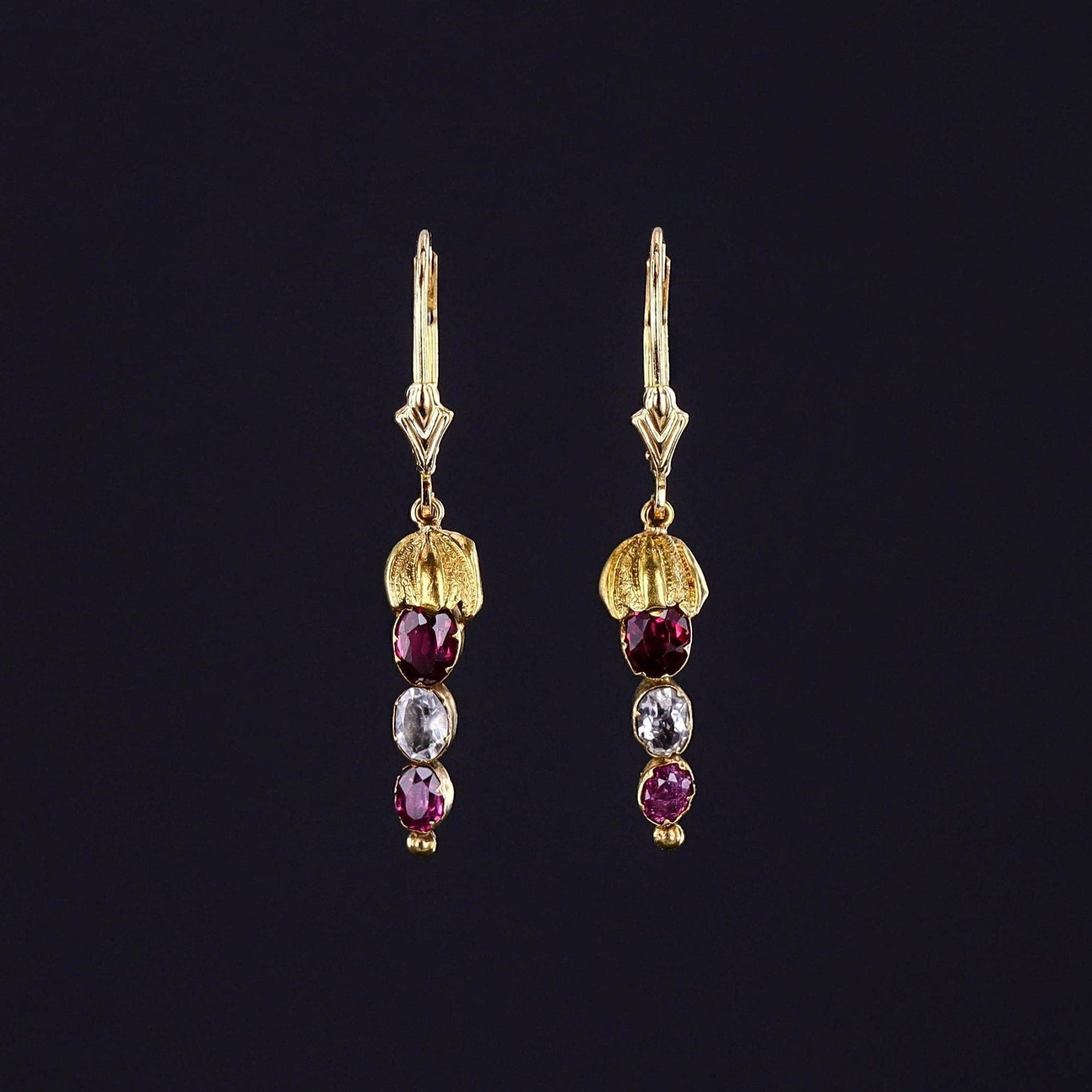 Antique Garnet and Rock Crystal Conversion Earrings of 14k Gold - Trademark Antiques