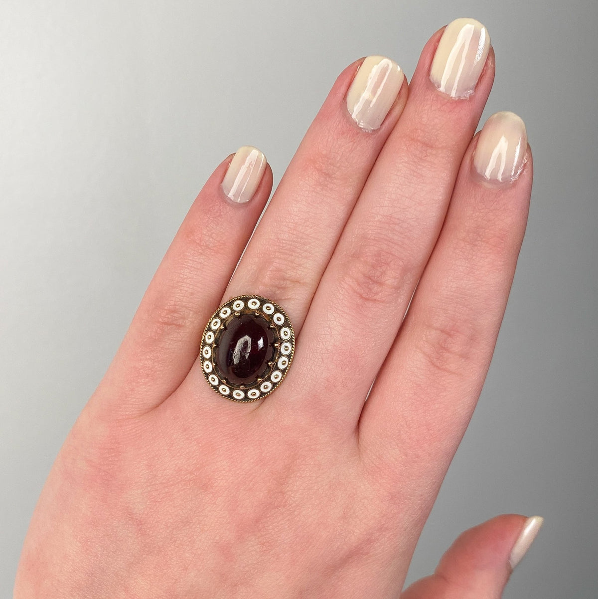 Antique Garnet and White Enamel Ring of 14k Gold - Trademark Antiques