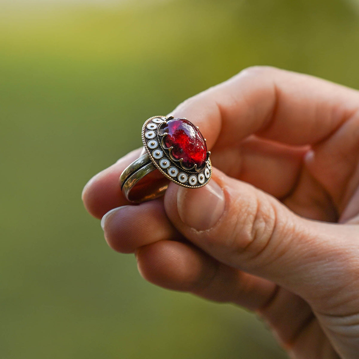 Antique Garnet and White Enamel Ring of 14k Gold - Trademark Antiques