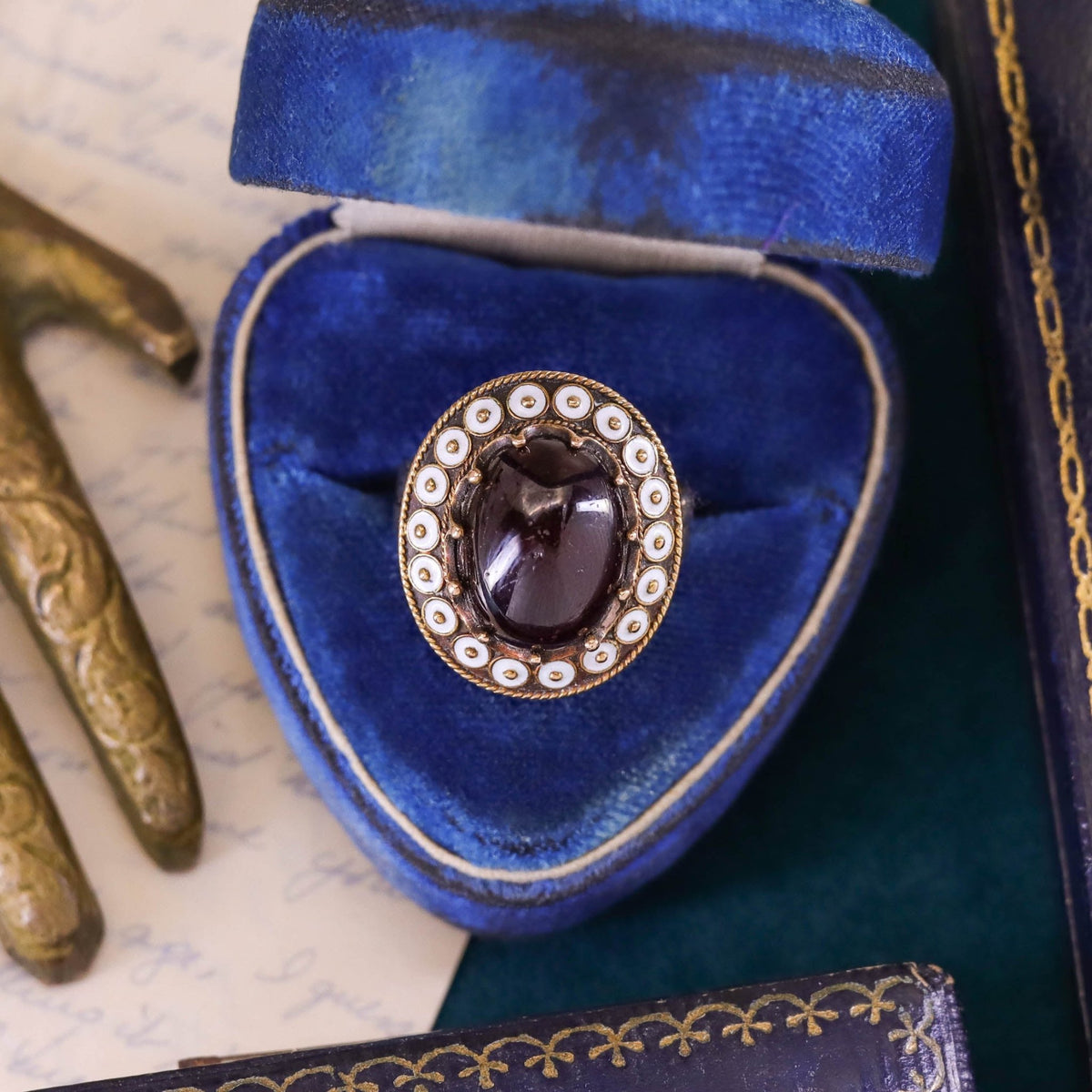 Antique Garnet and White Enamel Ring of 14k Gold - Trademark Antiques