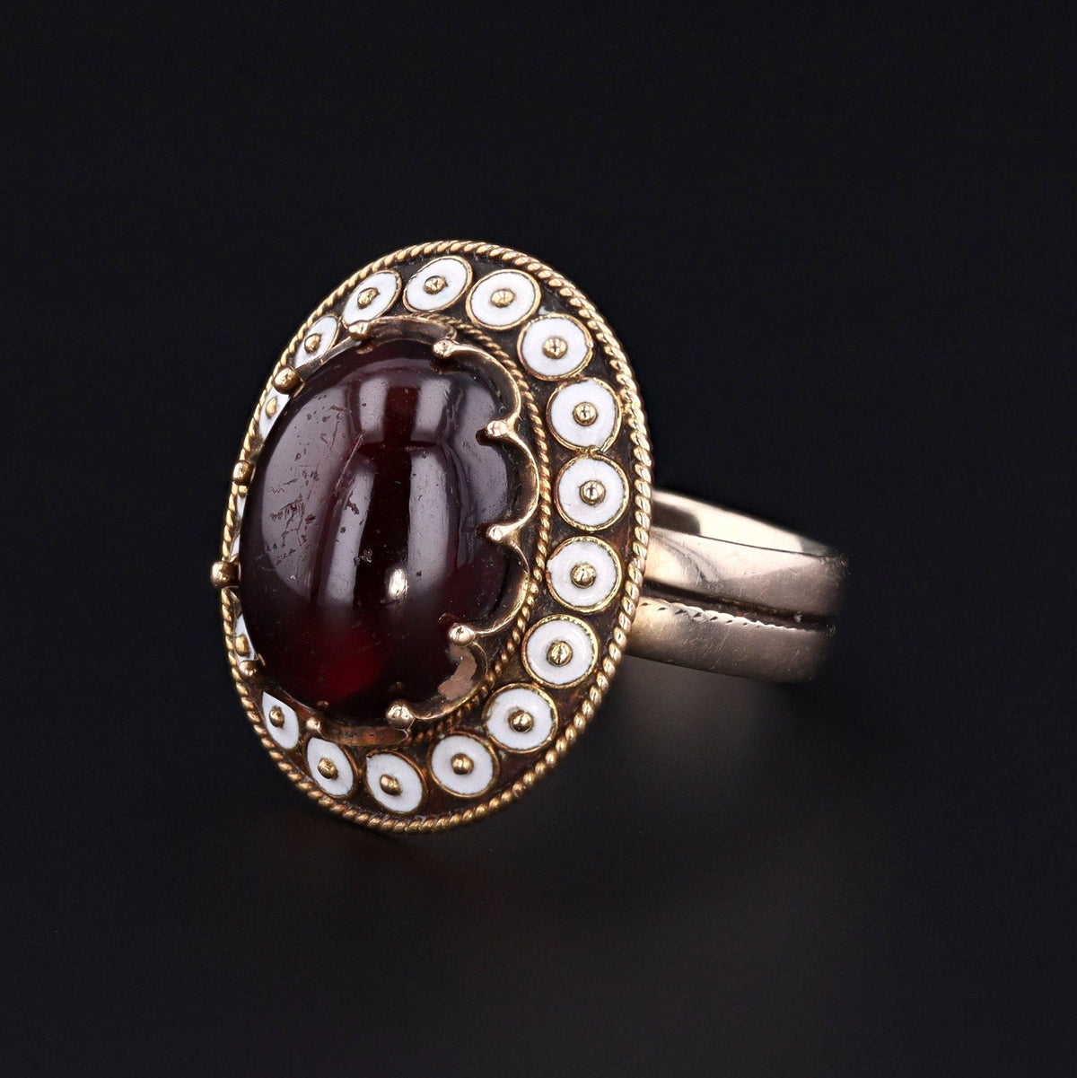 Antique Garnet and White Enamel Ring of 14k Gold - Trademark Antiques