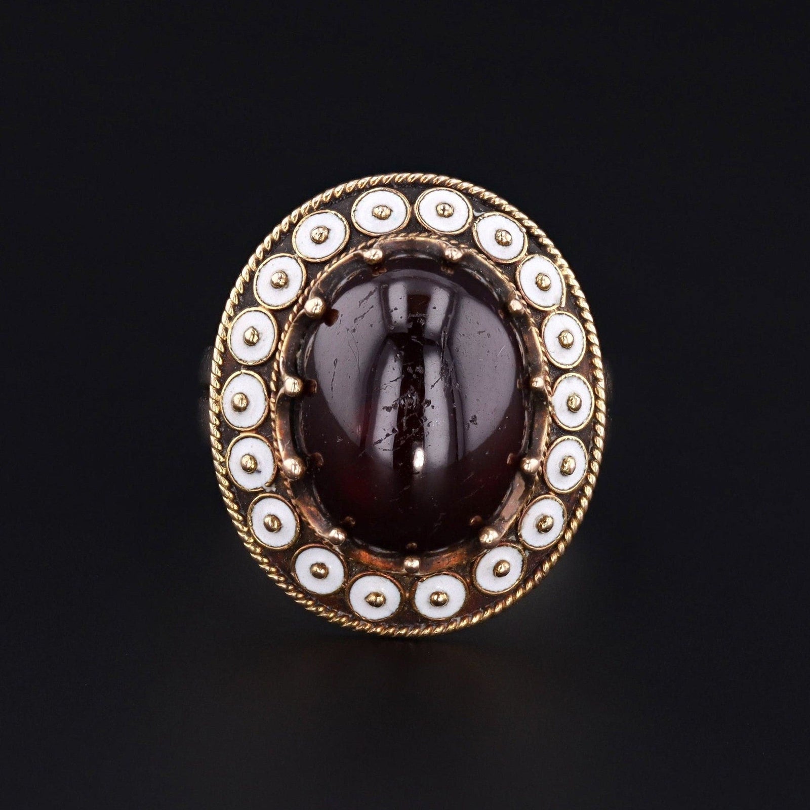 Antique Garnet and White Enamel Ring of 14k Gold - Trademark Antiques