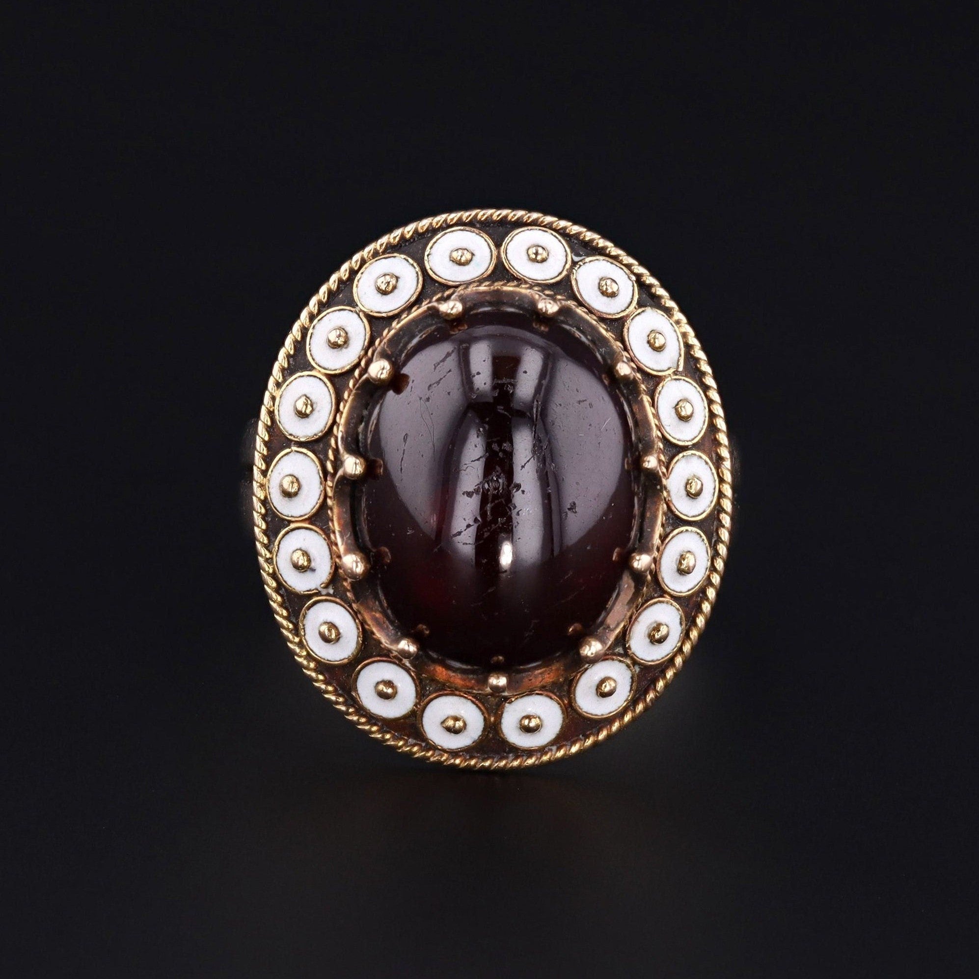Antique Garnet and White Enamel Ring of 14k Gold - Trademark Antiques
