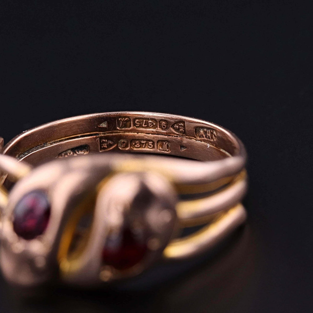 Antique Garnet Snake Ring of 9ct Gold - Trademark Antiques