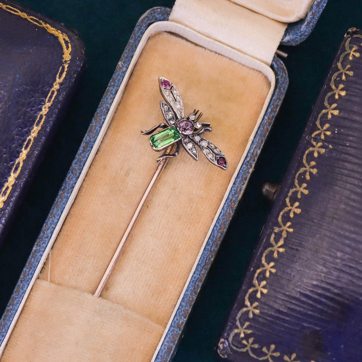 Antique Gemstone and Diamond Insect Stickpin of Silver and Gold - Trademark Antiques