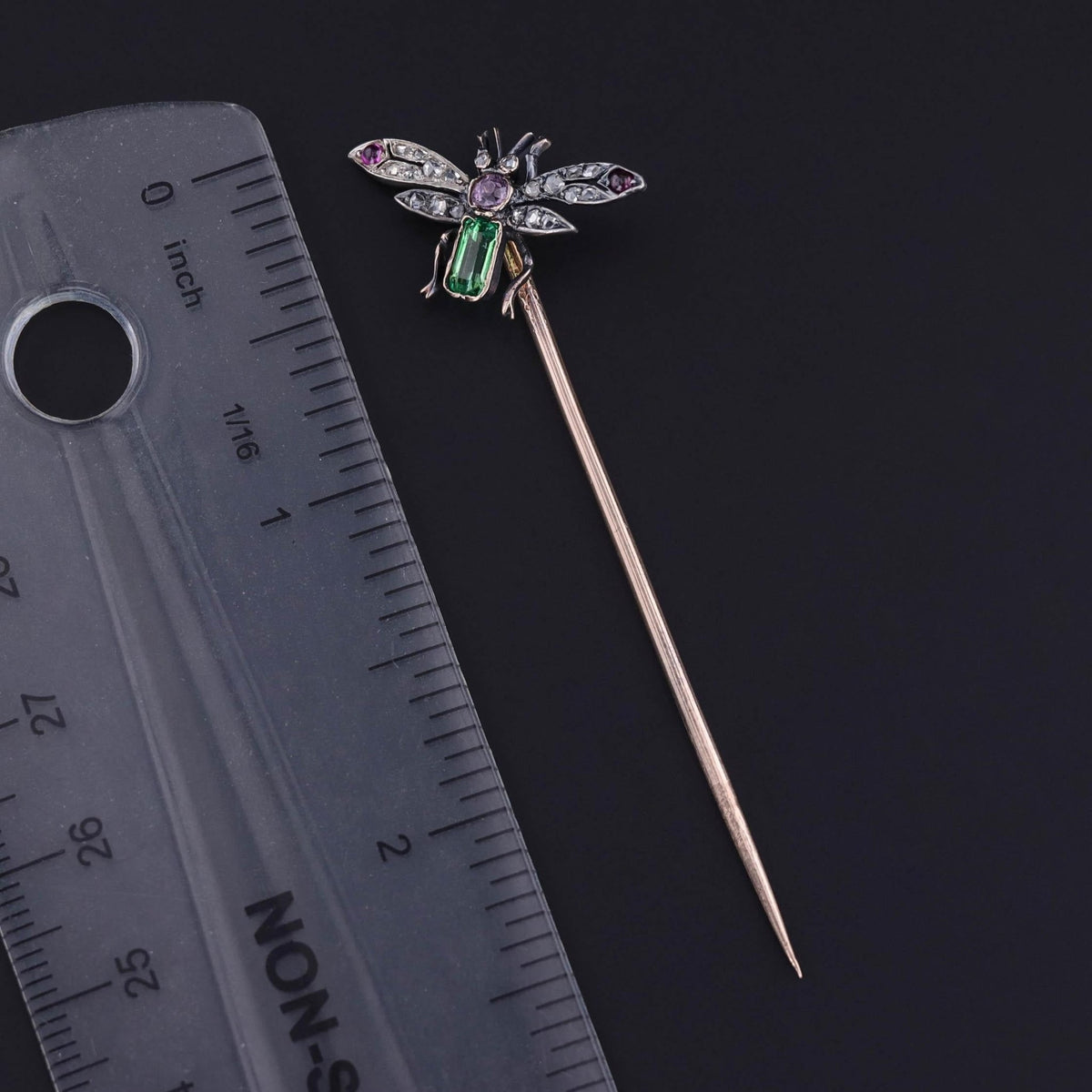 Antique Gemstone and Diamond Insect Stickpin of Silver and Gold - Trademark Antiques