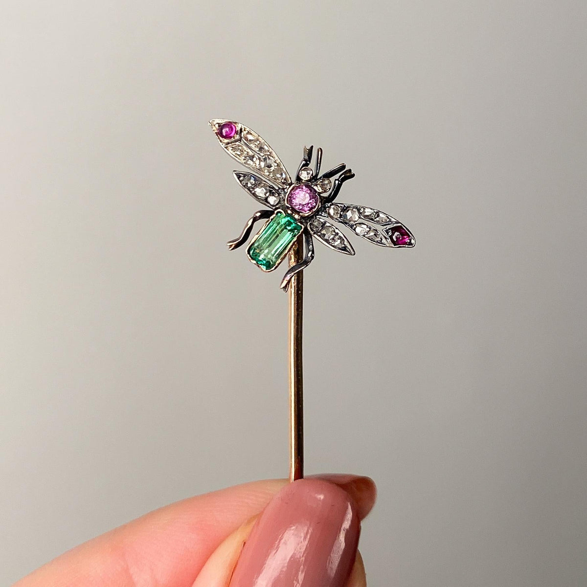 Antique Gemstone and Diamond Insect Stickpin of Silver and Gold - Trademark Antiques