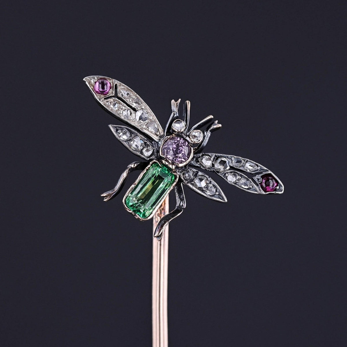 Antique Gemstone and Diamond Insect Stickpin of Silver and Gold - Trademark Antiques