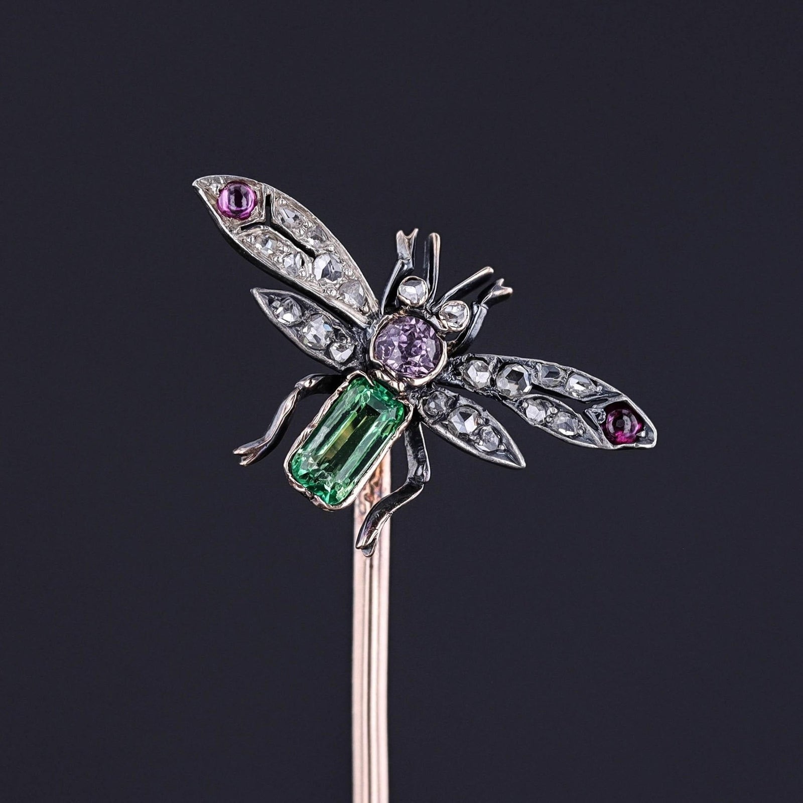 Antique Gemstone and Diamond Insect Stickpin of Silver and Gold - Trademark Antiques