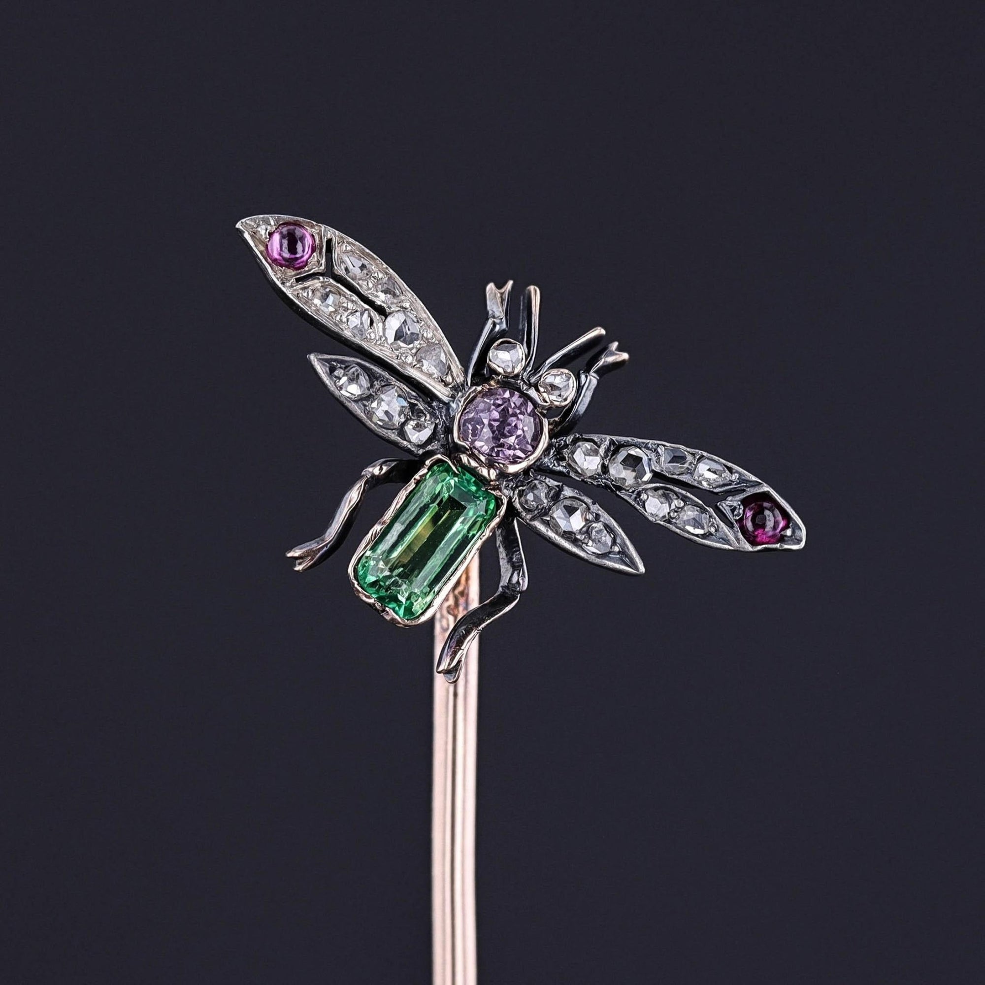 Antique Gemstone and Diamond Insect Stickpin of Silver and Gold - Trademark Antiques