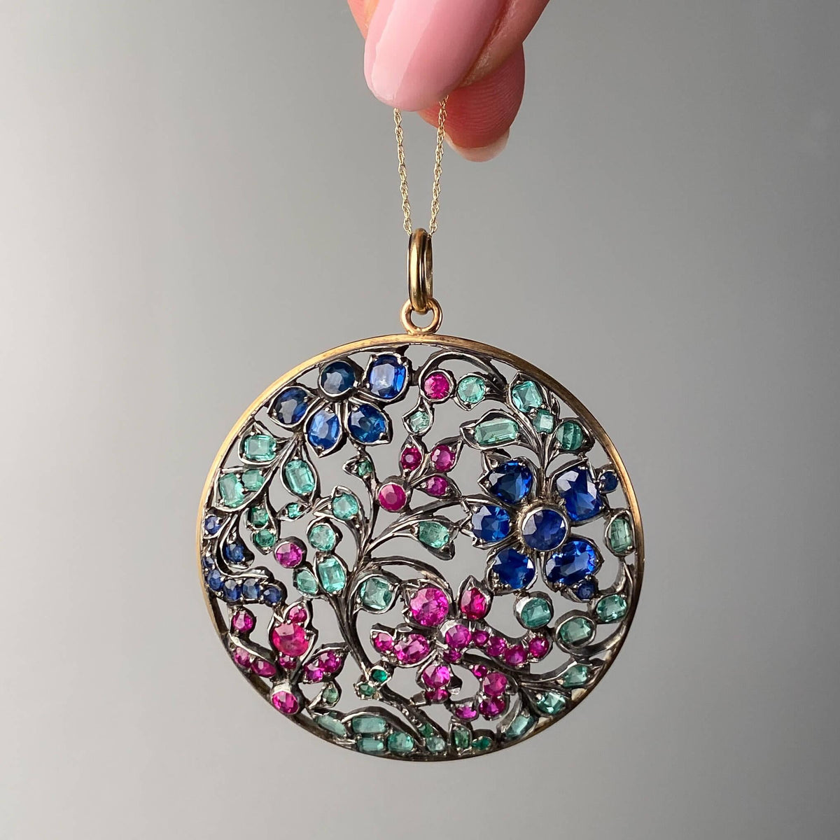Antique Gemstone Flower Pendant of Silver and 14k Gold - Trademark Antiques