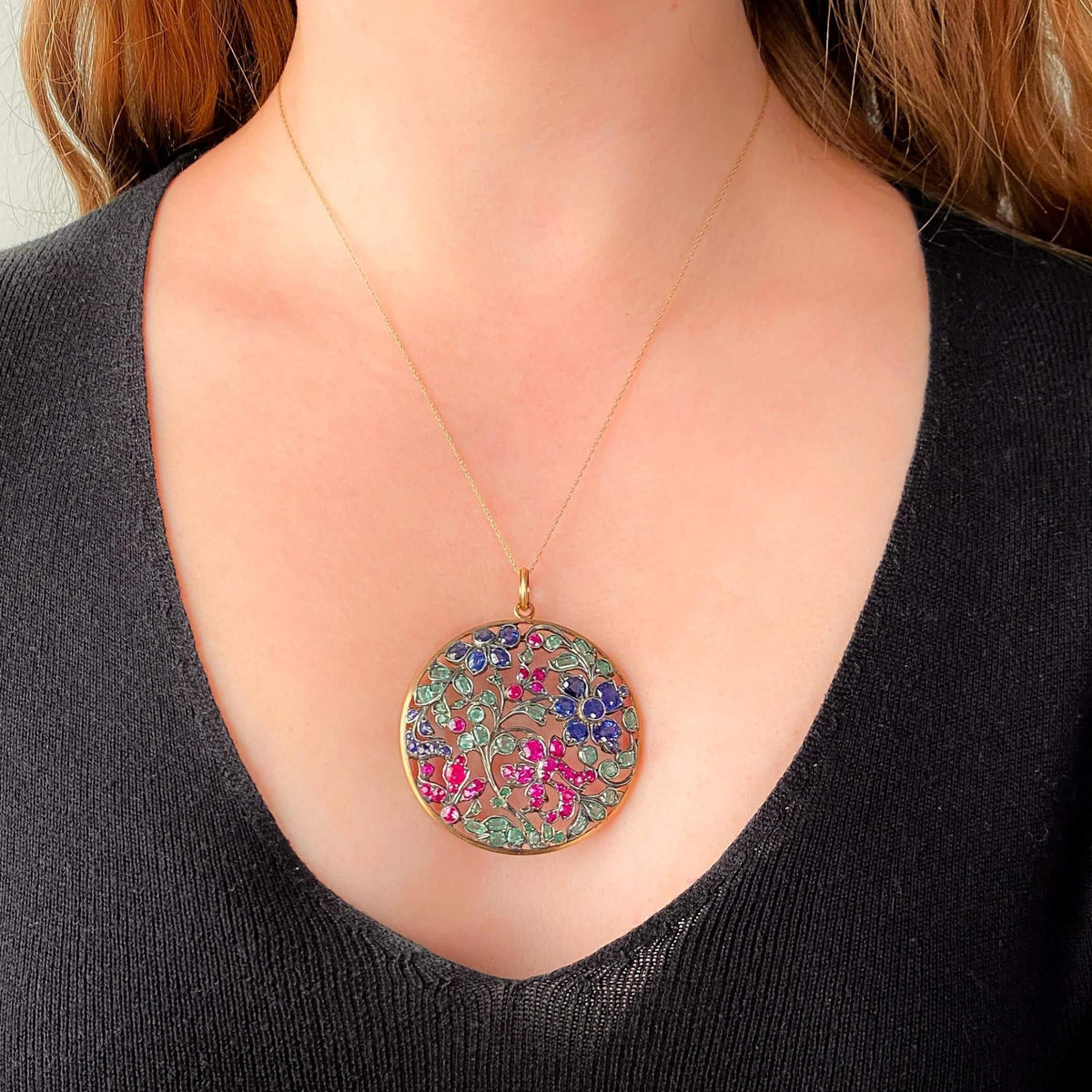 Antique Gemstone Flower Pendant of Silver and 14k Gold - Trademark Antiques