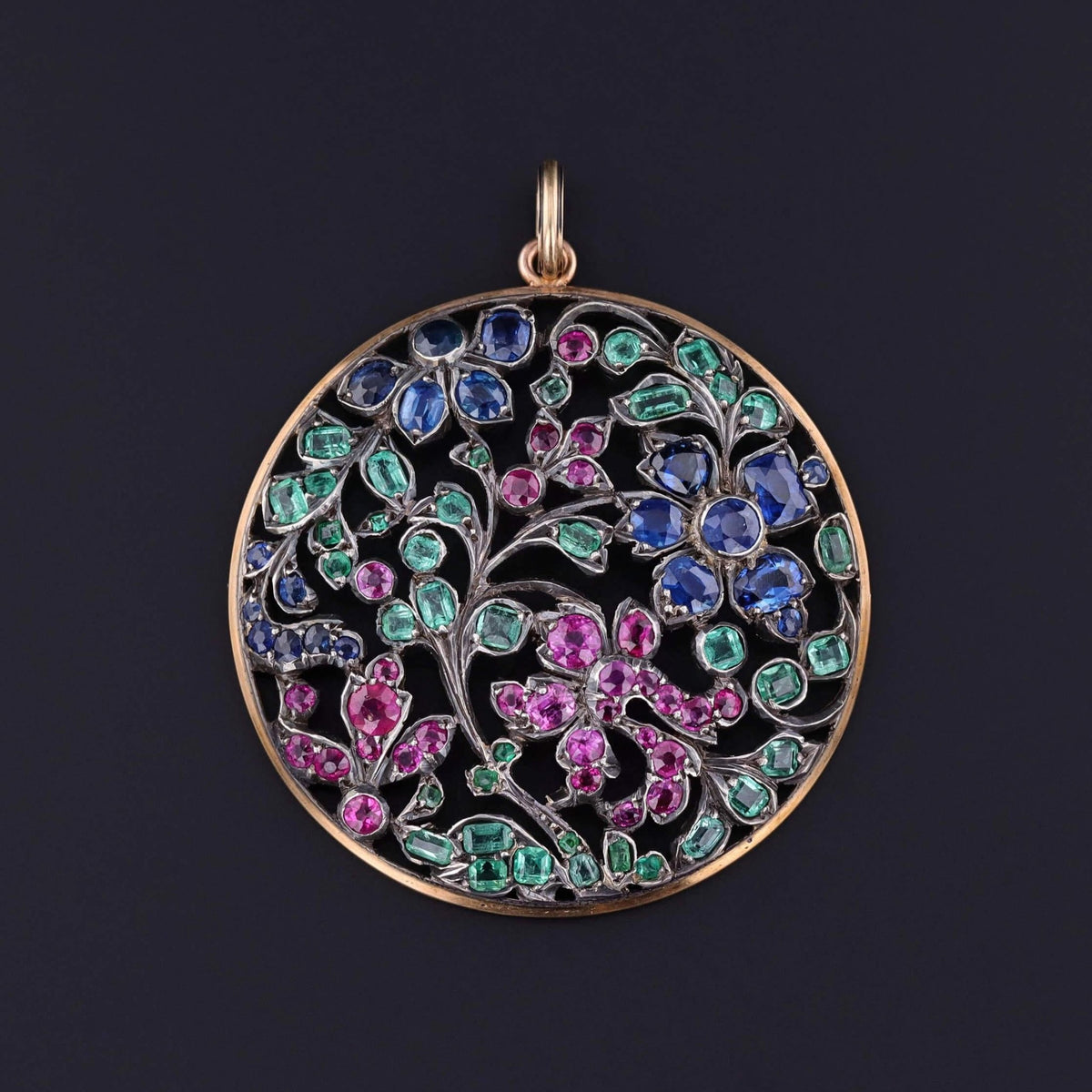 Antique Gemstone Flower Pendant of Silver and 14k Gold - Trademark Antiques