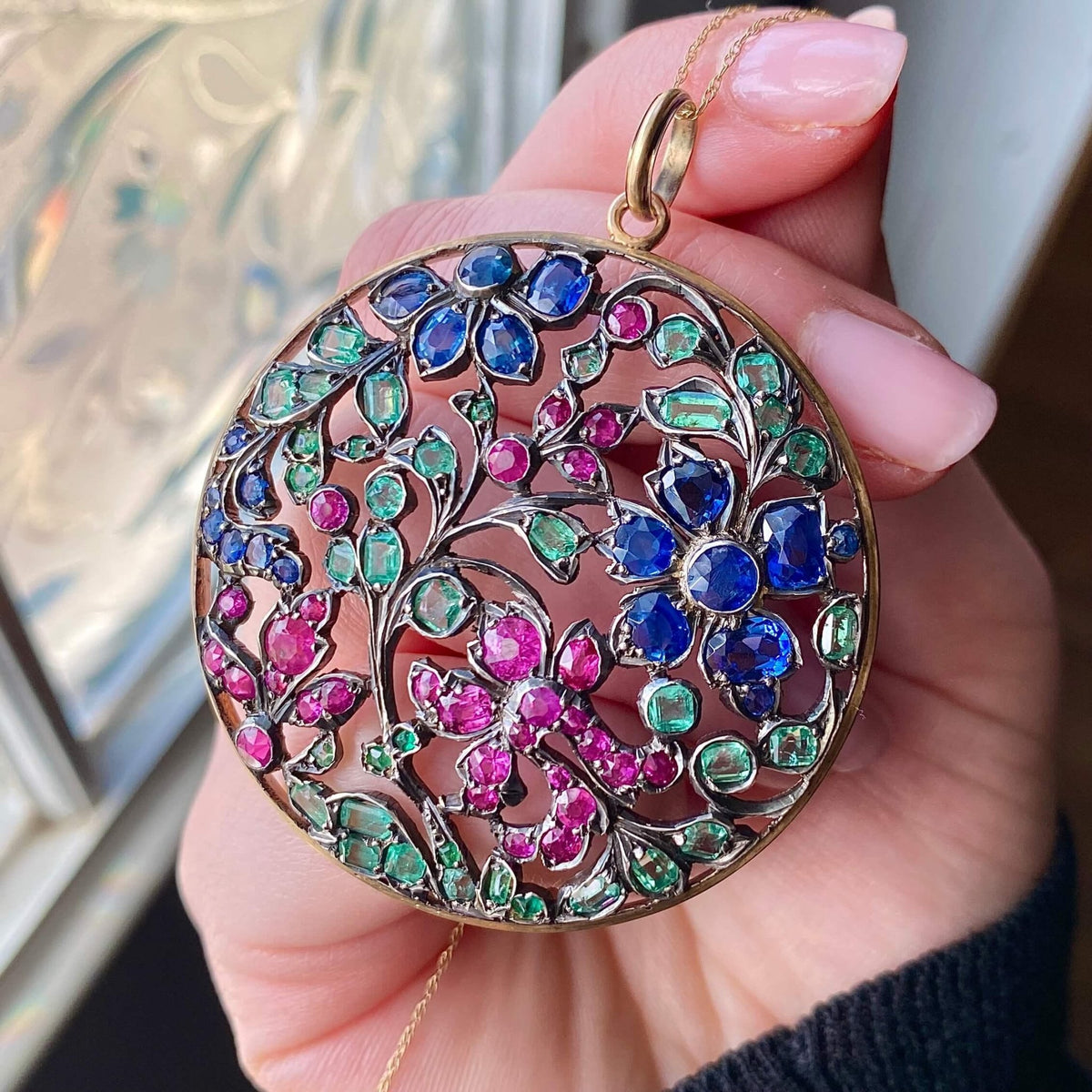 Antique Gemstone Flower Pendant of Silver and 14k Gold - Trademark Antiques