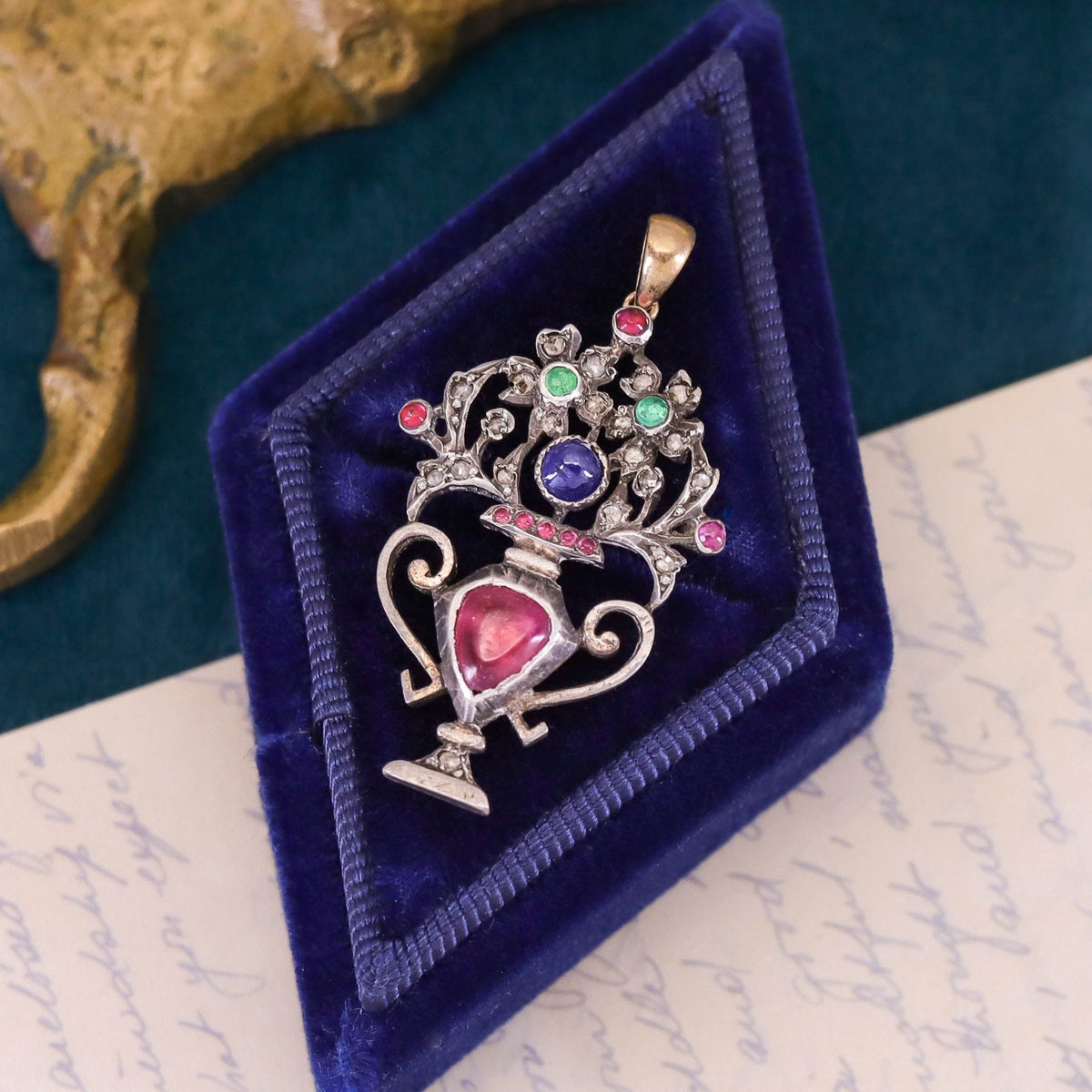 Antique Gemstone Giardinetti Flower Basket Conversion Pendant - Trademark Antiques