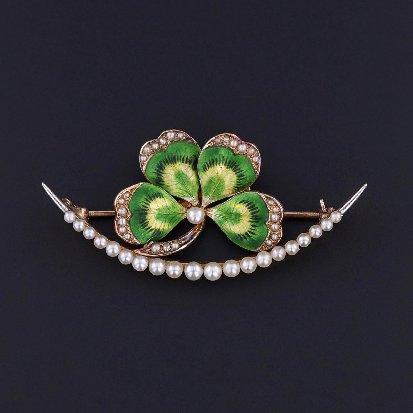 Antique Green Enamel Clover and Crescent Brooch of 14k Gold - Trademark Antiques