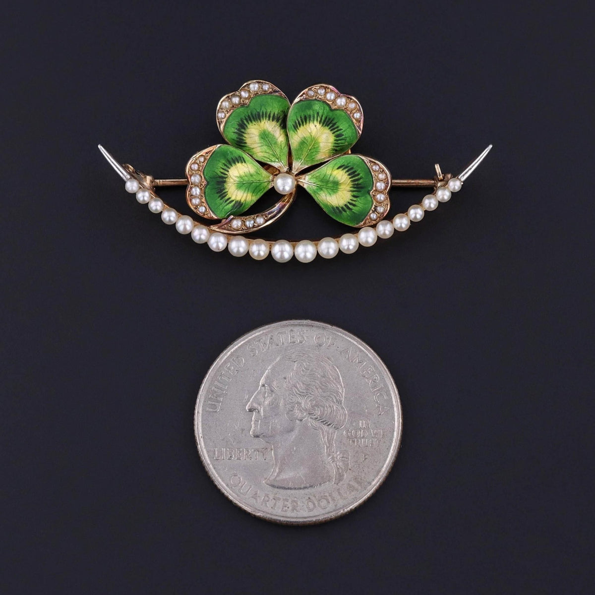 Antique Green Enamel Clover and Crescent Brooch of 14k Gold - Trademark Antiques