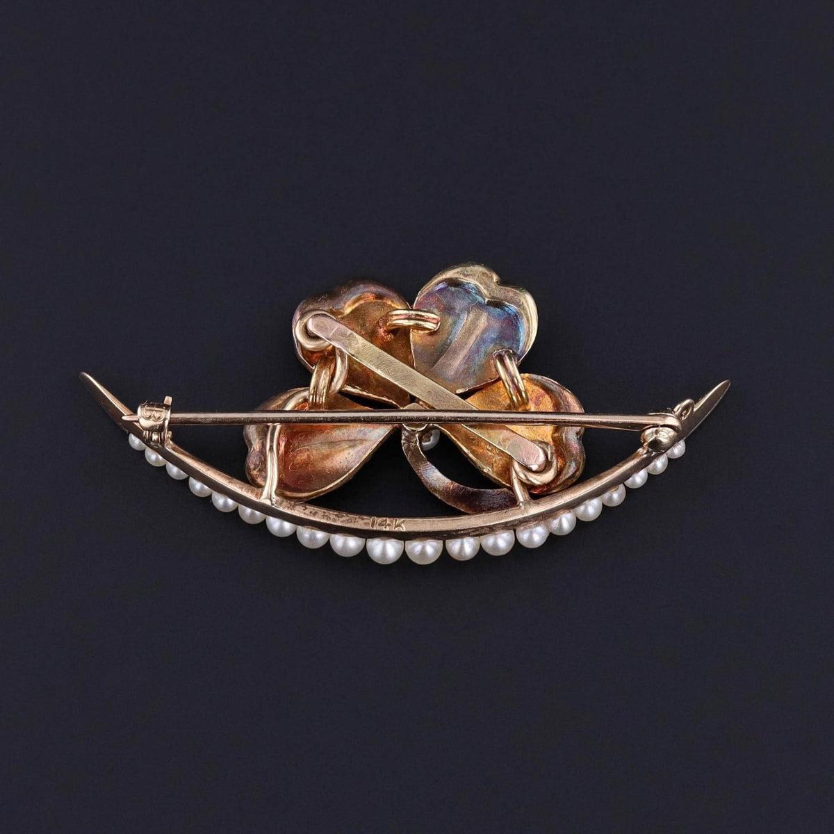Antique Green Enamel Clover and Crescent Brooch of 14k Gold - Trademark Antiques