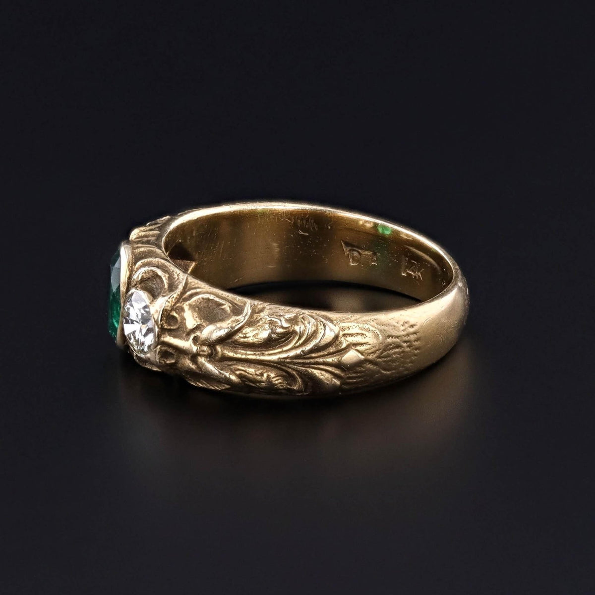 Antique Green Man Emerald Ring of 14k Gold - Trademark Antiques