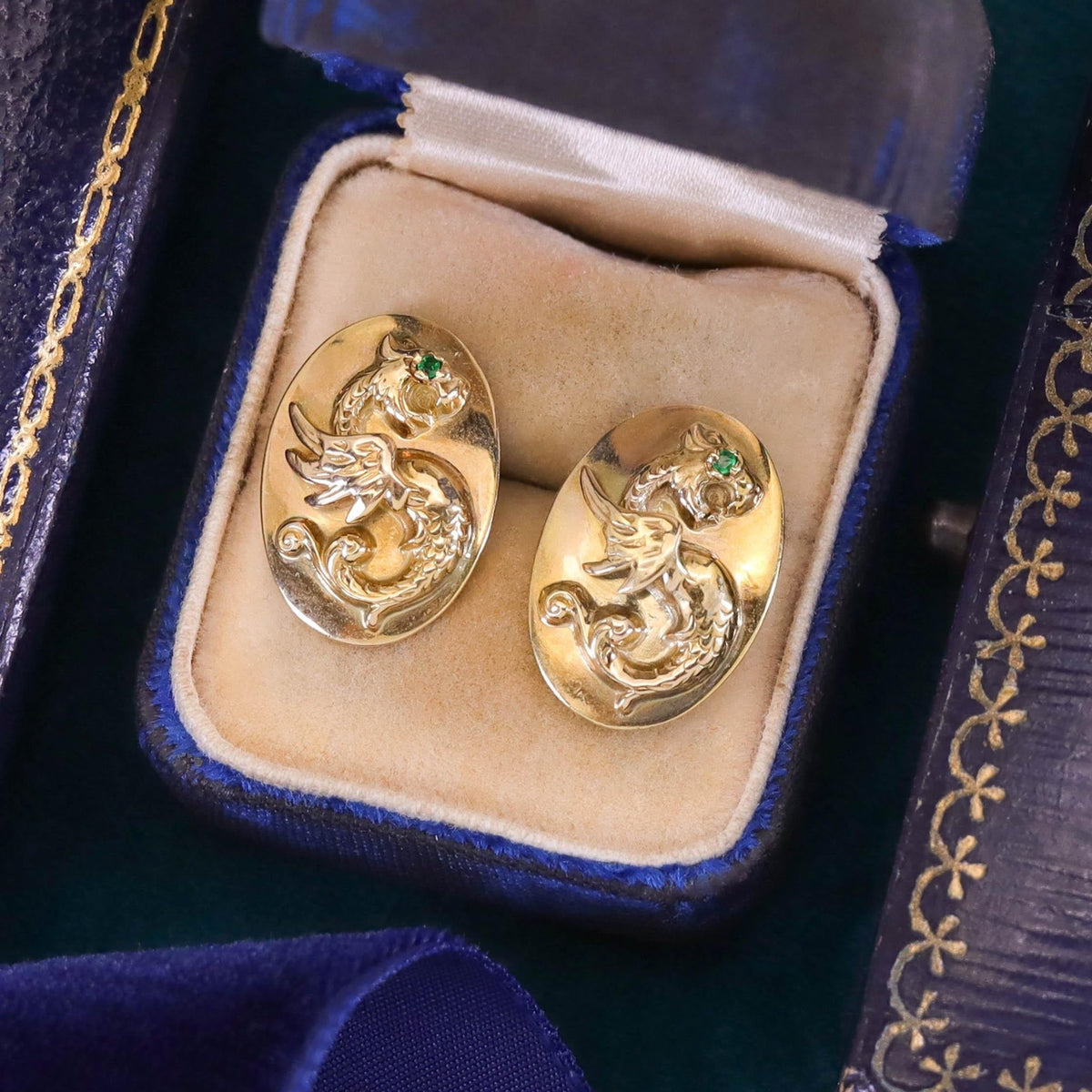 Antique Griffin Cufflink Earrings of 14k Gold - Trademark Antiques