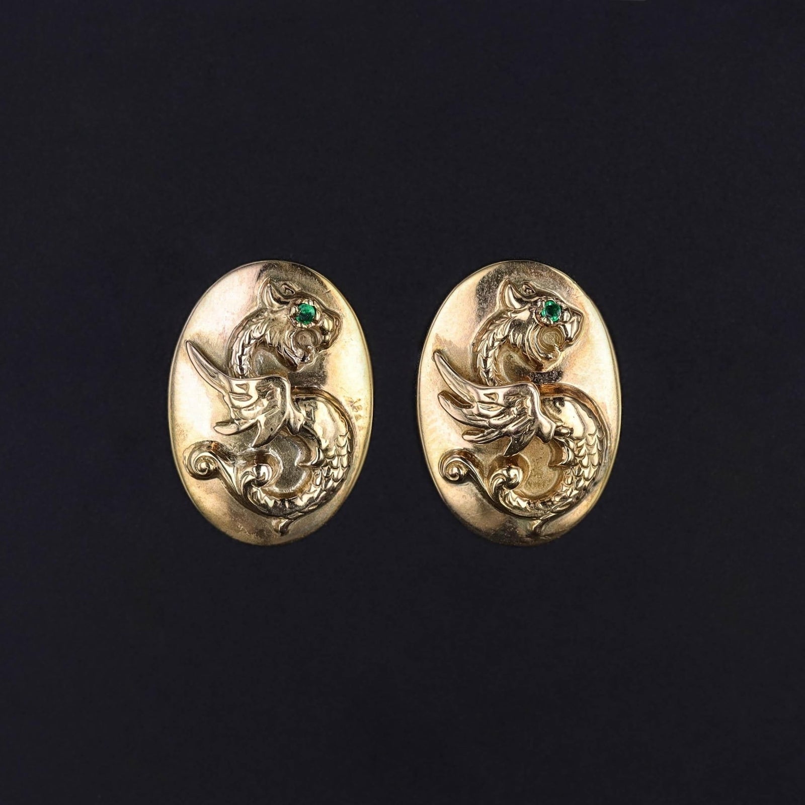 Antique Griffin Cufflink Earrings of 14k Gold - Trademark Antiques