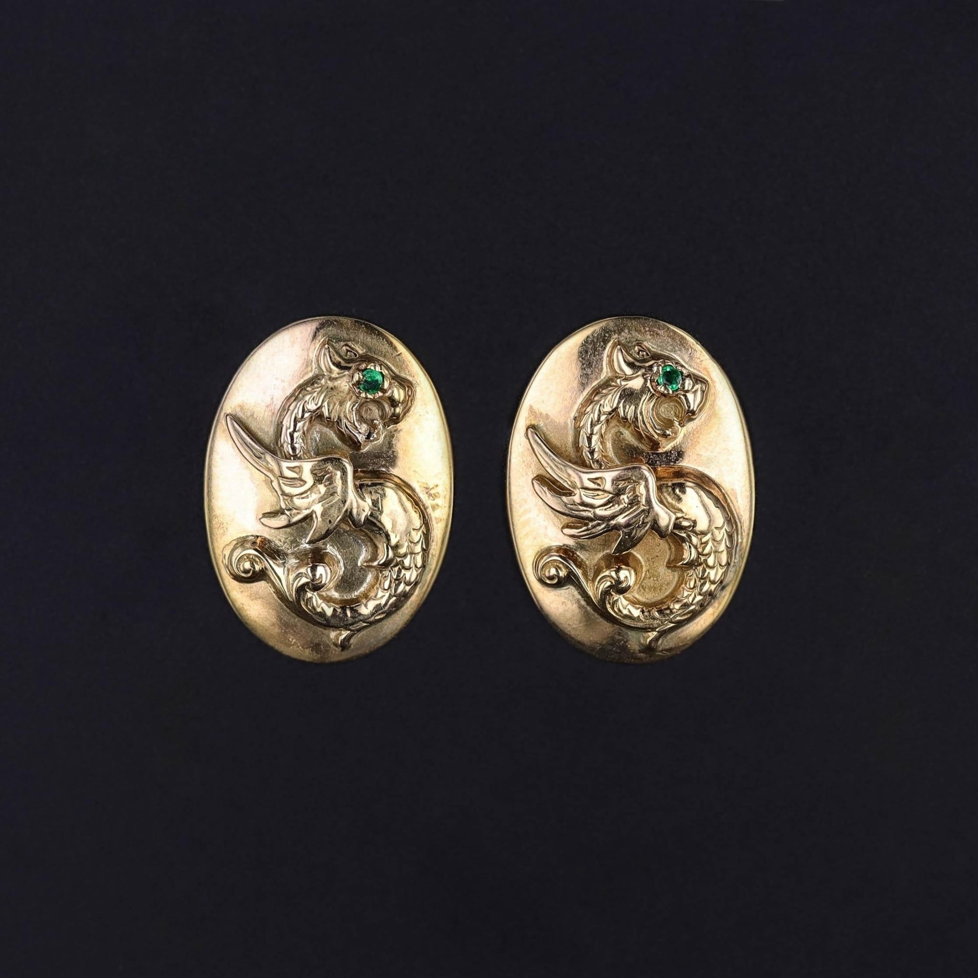 Antique Griffin Cufflink Earrings of 14k Gold - Trademark Antiques