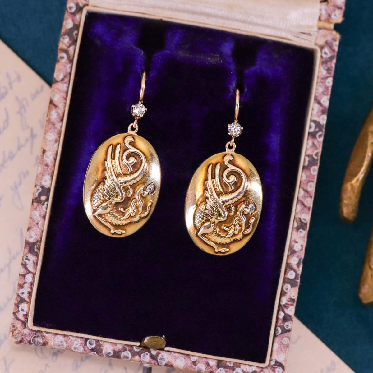 Antique Griffin Earrings of 10k and 14k Gold - Trademark Antiques