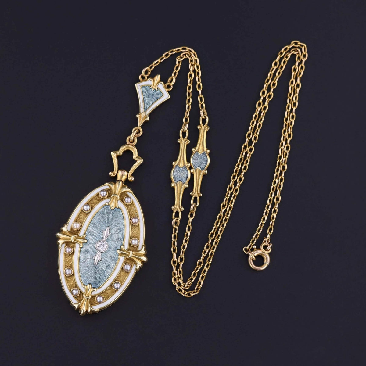 Antique Guilloche Enamel and Diamond Necklace of 14k Gold - Trademark Antiques