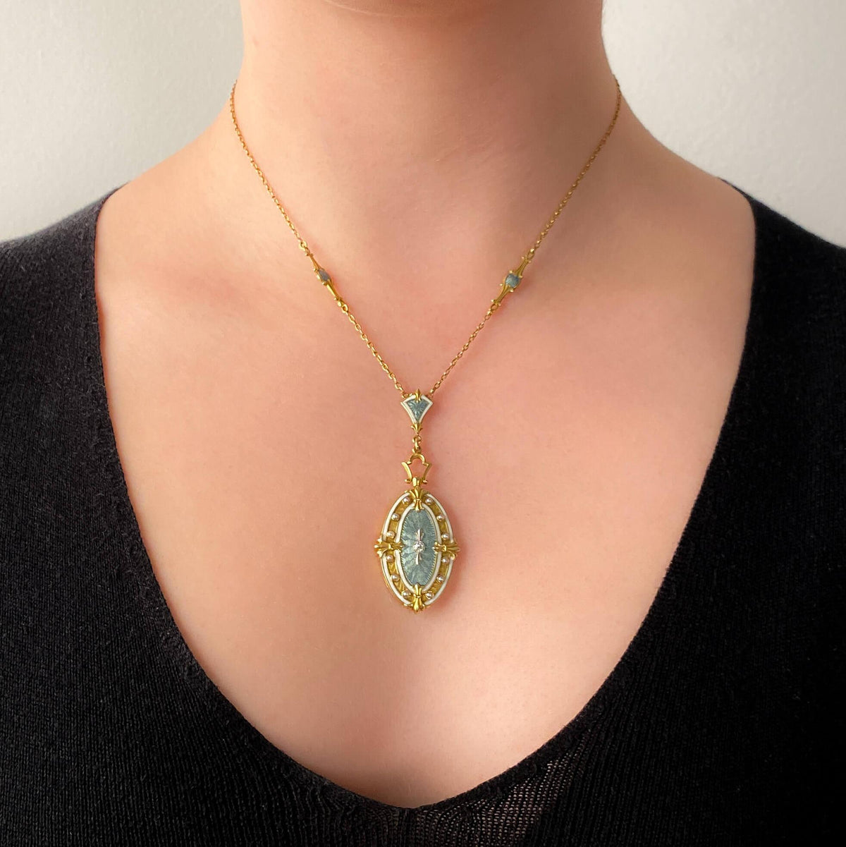Antique Guilloche Enamel and Diamond Necklace of 14k Gold - Trademark Antiques