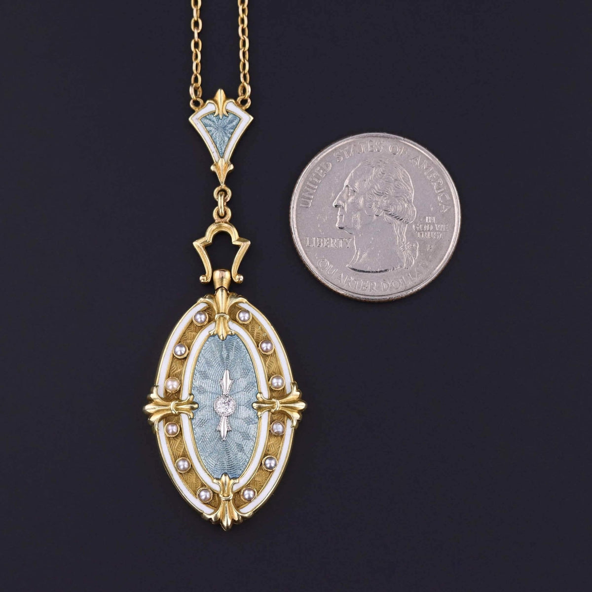 Antique Guilloche Enamel and Diamond Necklace of 14k Gold - Trademark Antiques