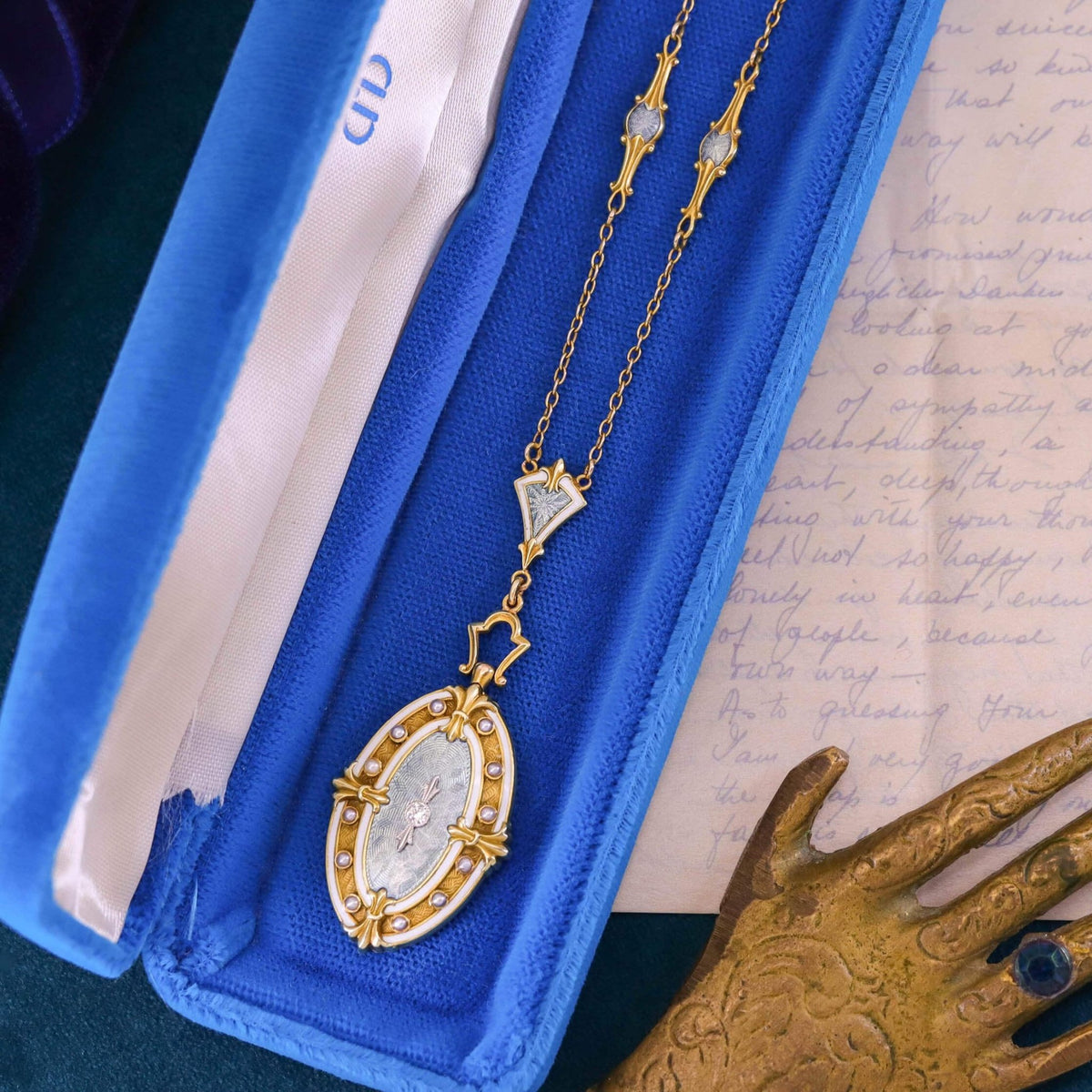 Antique Guilloche Enamel and Diamond Necklace of 14k Gold - Trademark Antiques