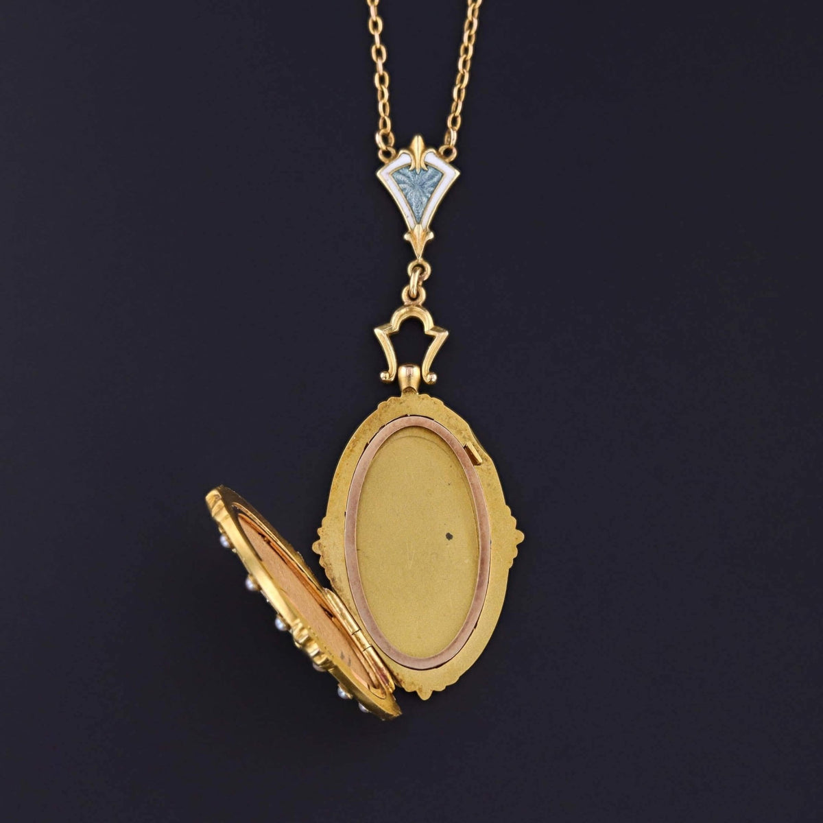 Antique Guilloche Enamel and Diamond Necklace of 14k Gold - Trademark Antiques