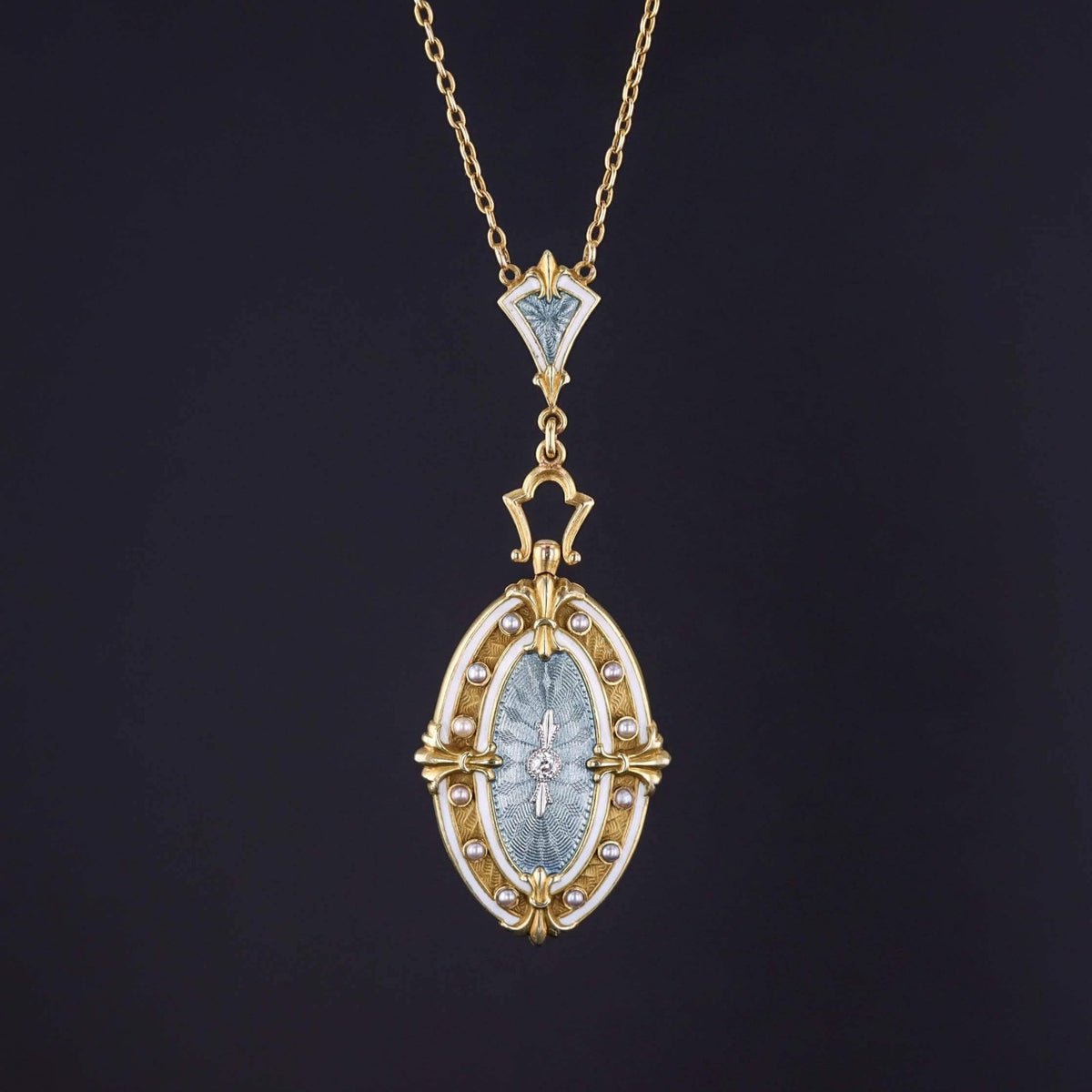 Antique Guilloche Enamel and Diamond Necklace of 14k Gold - Trademark Antiques