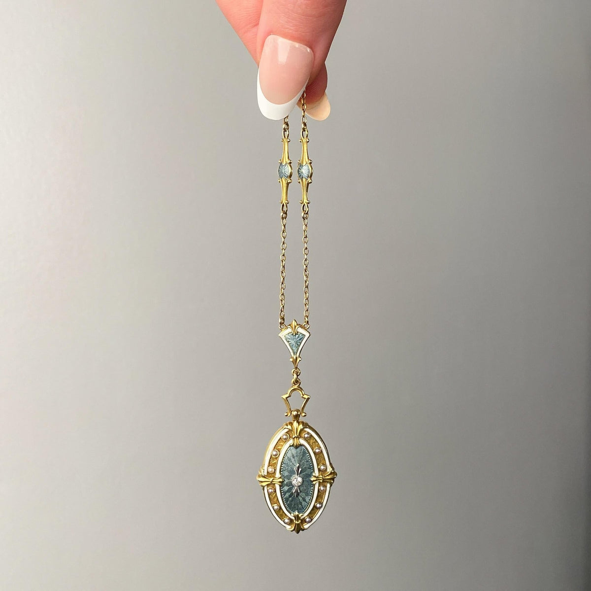 Antique Guilloche Enamel and Diamond Necklace of 14k Gold - Trademark Antiques