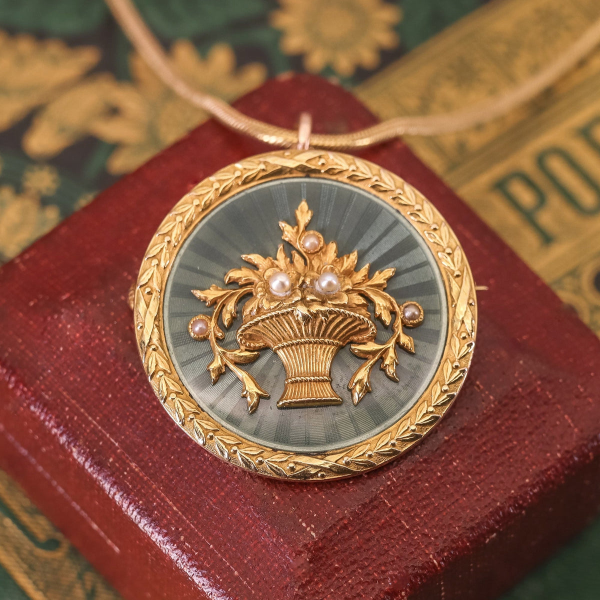 Antique Guilloche Enamel Flower Basket Pendant Brooch of 14k Gold - Trademark Antiques