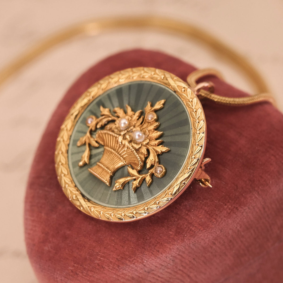 Antique Guilloche Enamel Flower Basket Pendant Brooch of 14k Gold - Trademark Antiques