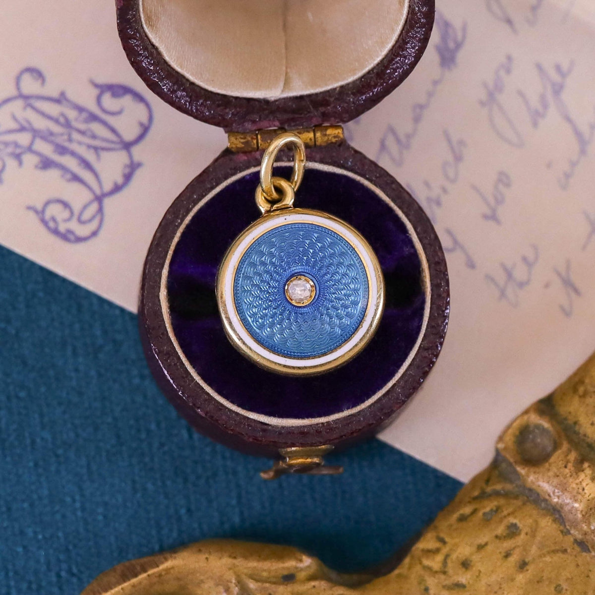 Antique Guilloche Enamel Locket Charm of 15k Gold - Trademark Antiques