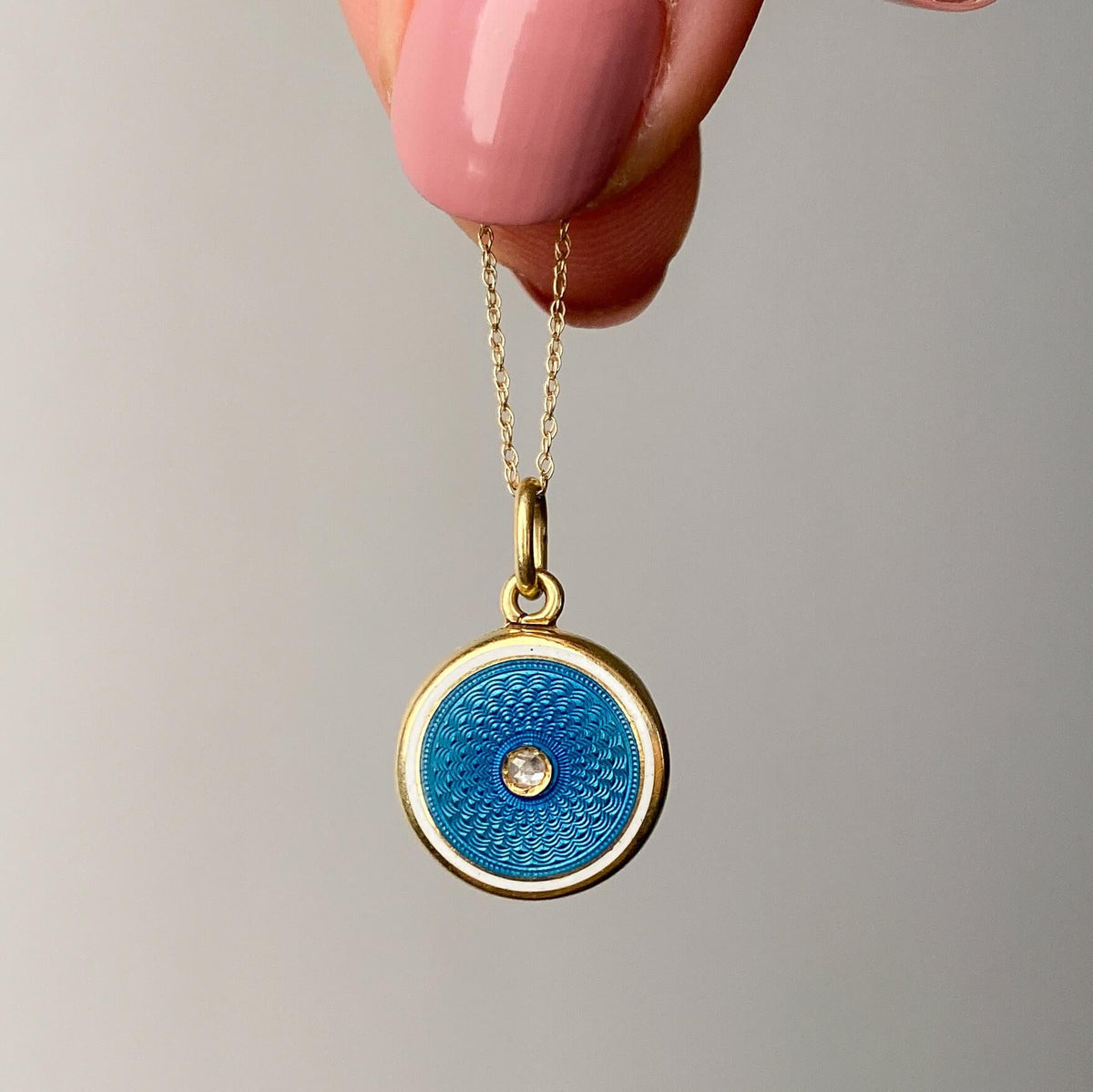 Antique Guilloche Enamel Locket Charm of 15k Gold - Trademark Antiques