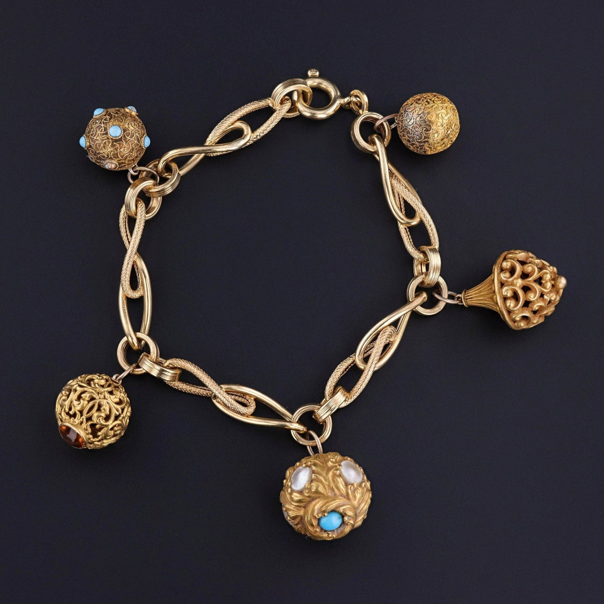 Antique Hatpin Charm Bracelet of 14k &amp; 18k Gold - Trademark Antiques