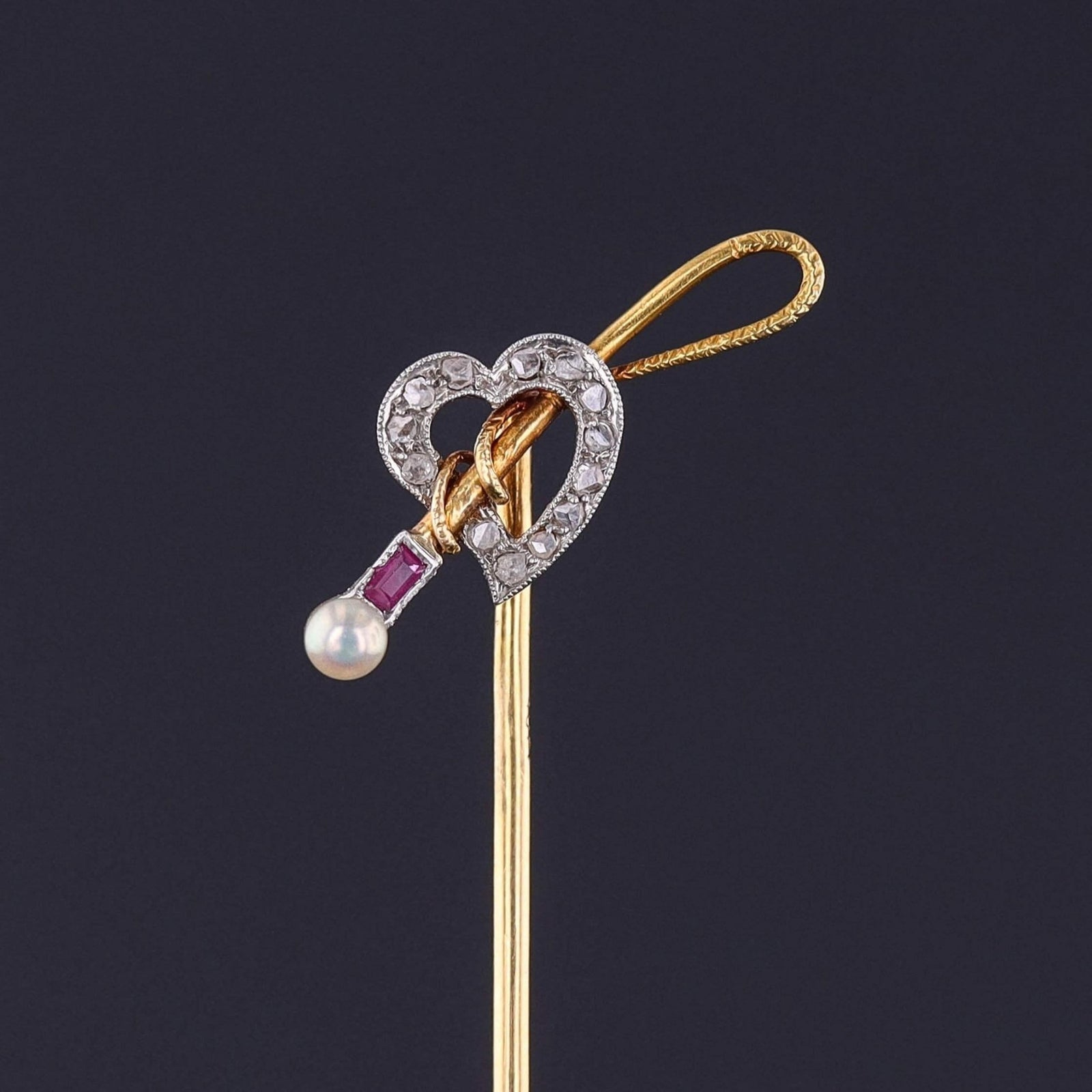 Antique Heart and Riding Crop Stickpin of 18k Gold - Trademark Antiques