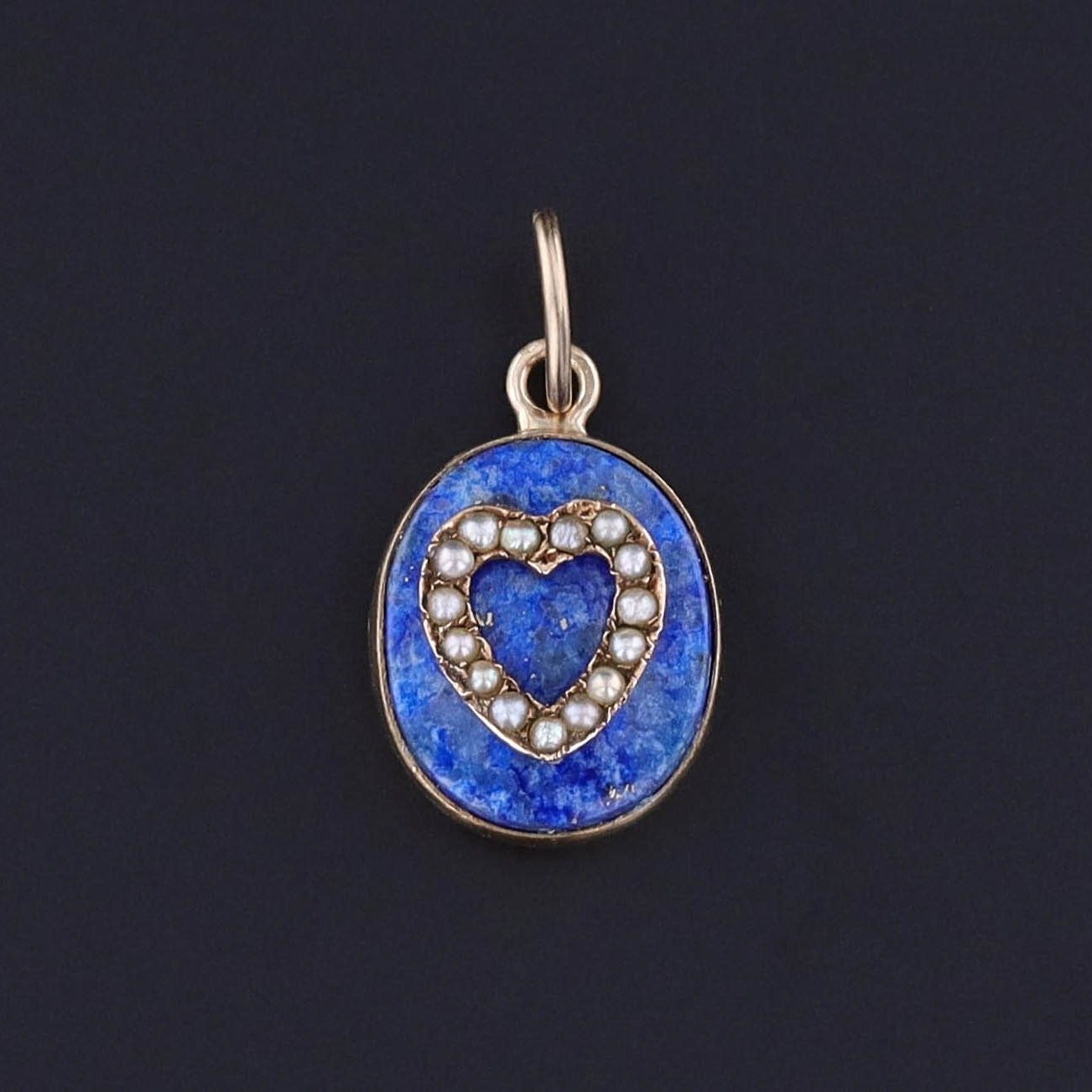 Antique Lapis and Pearl Heart Conversion Charm of 14k Gold - Trademark Antiques