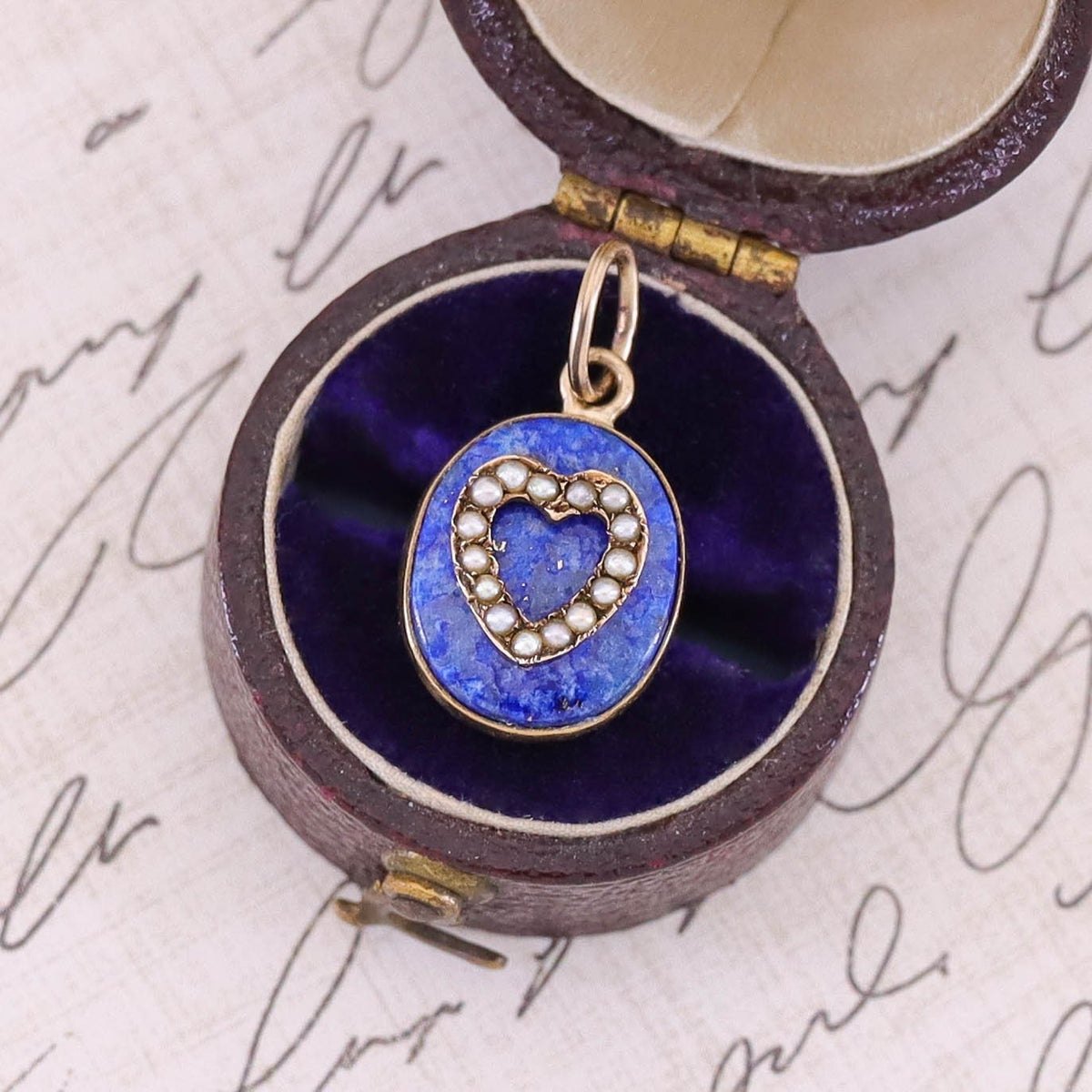 Antique Lapis and Pearl Heart Conversion Charm of 14k Gold - Trademark Antiques
