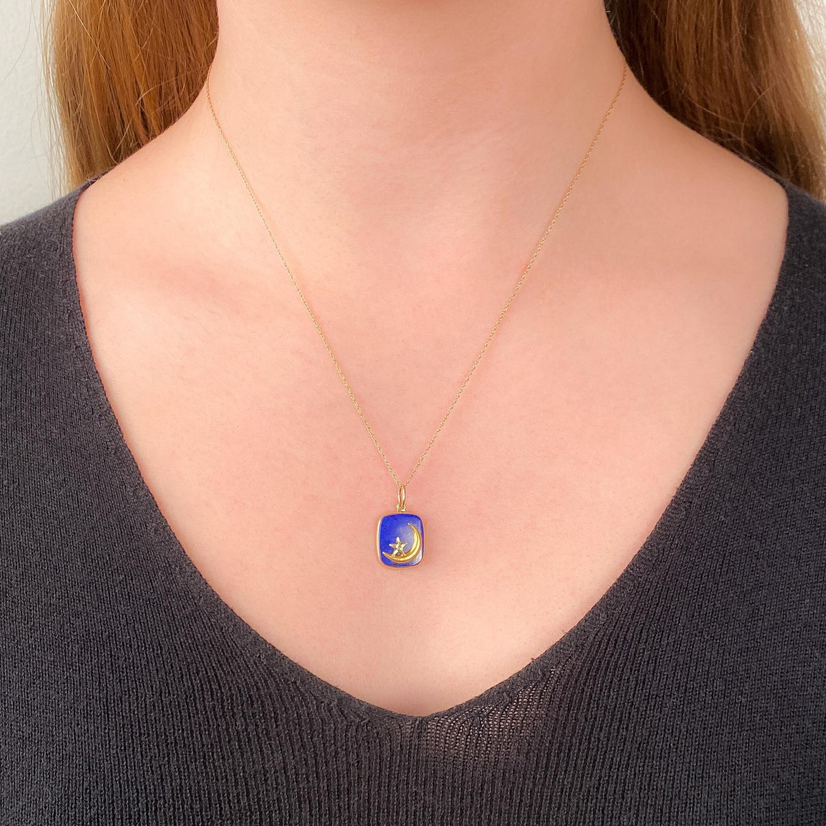 Antique Lapis Crescent Moon Pendant of 14k Gold - Trademark Antiques