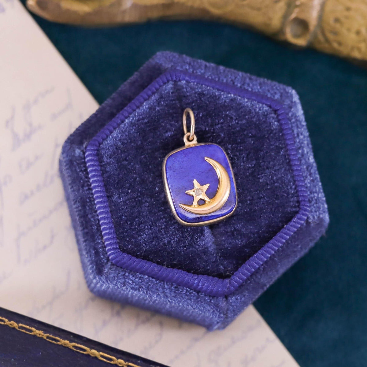 Antique Lapis Crescent Moon Pendant of 14k Gold - Trademark Antiques