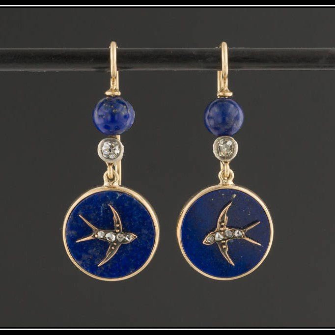 Antique Lapis Lazuli and Diamond Swallow Bird Earrings - Trademark Antiques